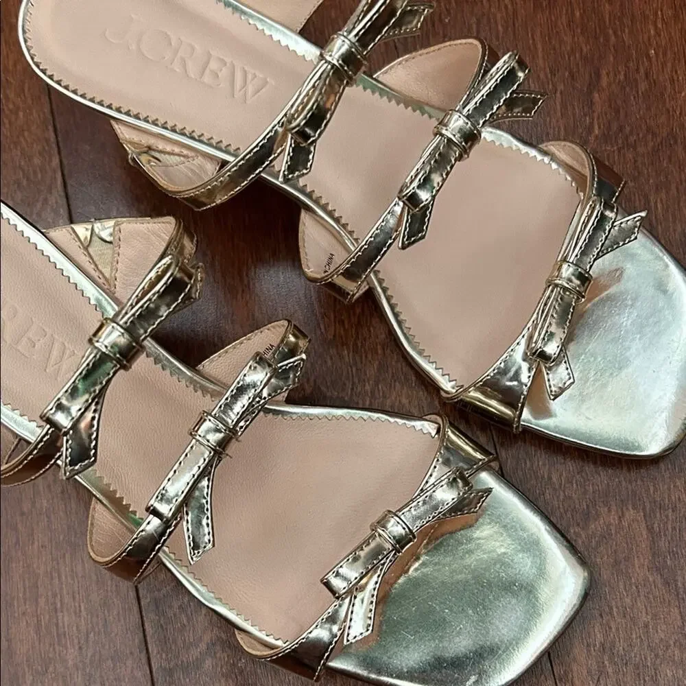 J. Crew Zadie Bow-Strap Heels in Gold Metallic Leather, Feminine Coquette Size 6